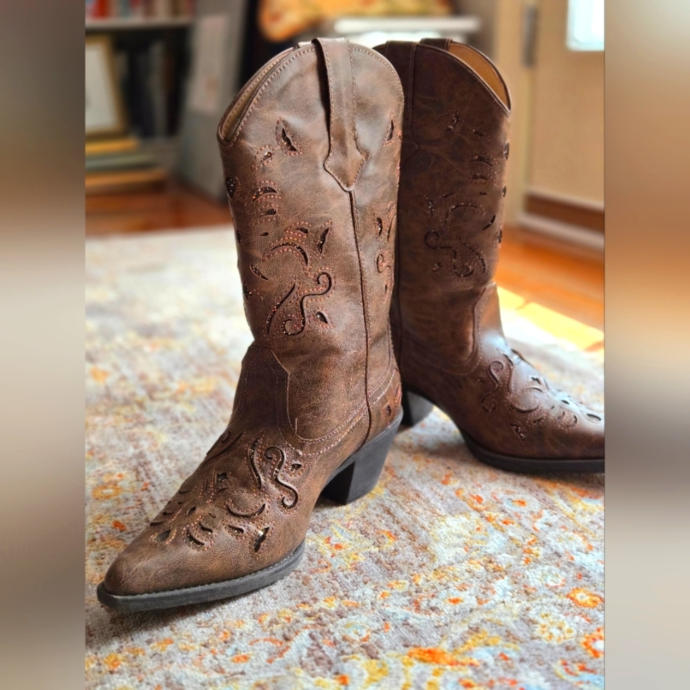 Roper All Man Made Inlaid Sparkle Cognac Cowboy Boots Size 7.5